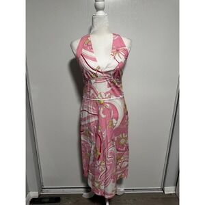 Pink Floral Psychedelic Swirl Halter Midi Dress V-Neck Empire Waist Summer Boho